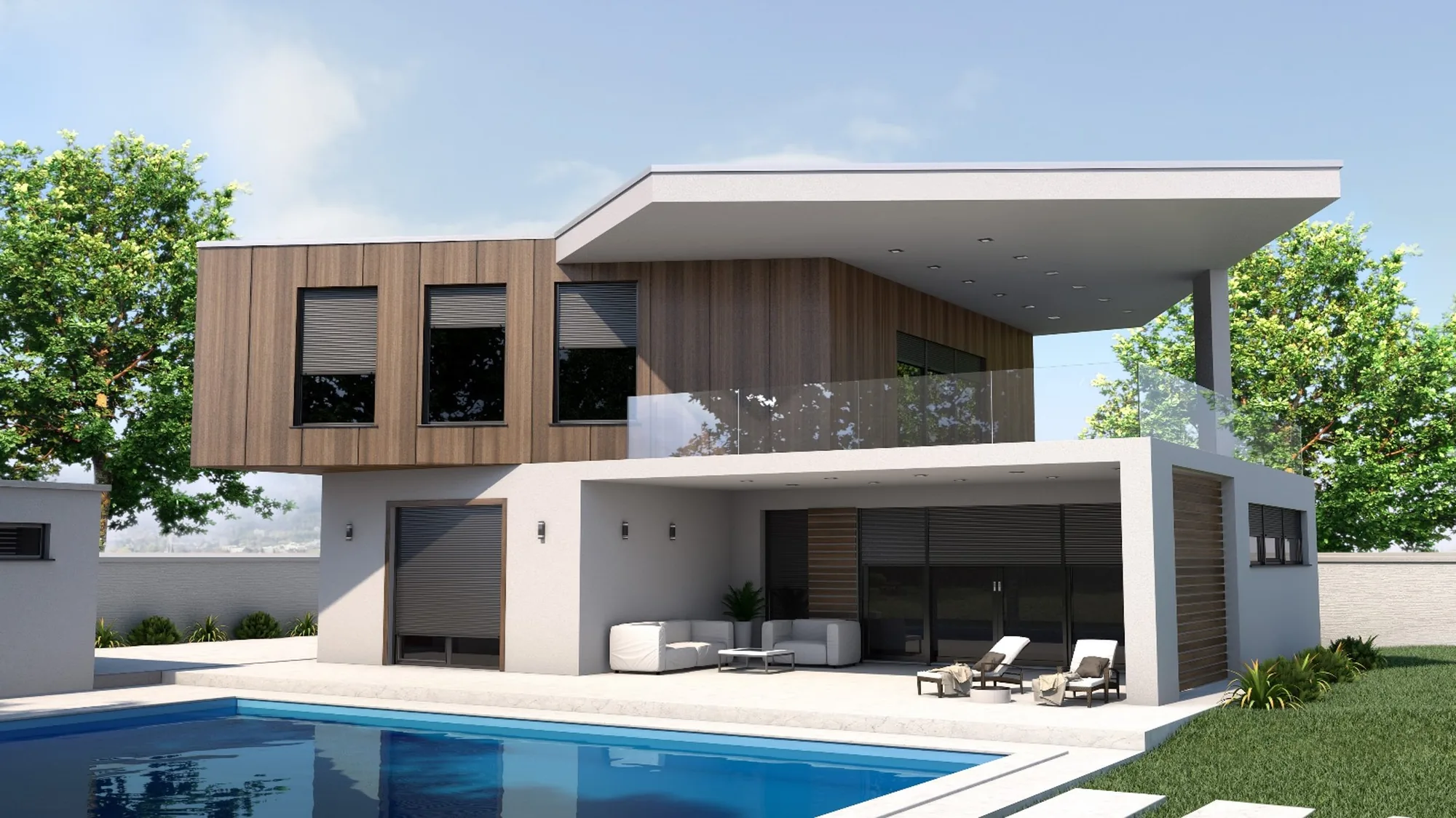 Modernes Haus mit Holzverkleidung, Rollläden, Pool und Liegestühlen.